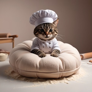 A tiny cat baker "making biscuits" on his cute cat bed.